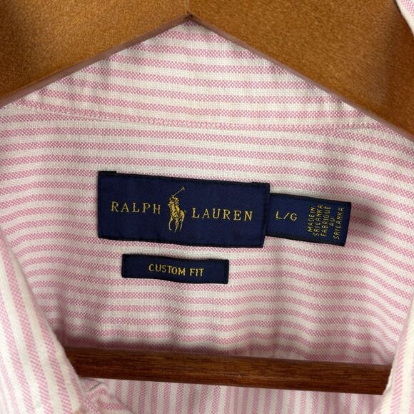Ralph Lauren Men’s Large long Sleeve Button shirt Pink Striped Pony Custom Fit - Picture 4 of 6